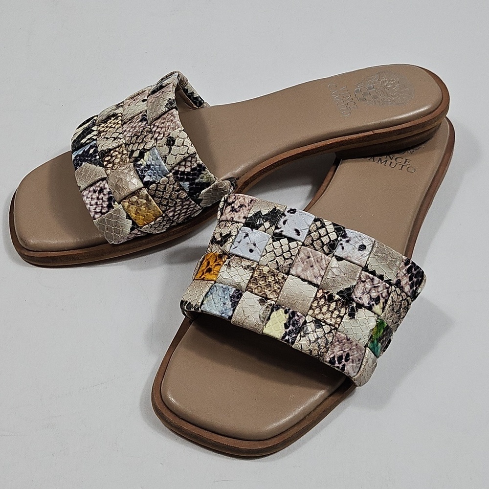 Vince Camuto Nanchia Leather Snake Multi-Color Woven Slip On Flat Slide Sandal - Picture 8 of 14